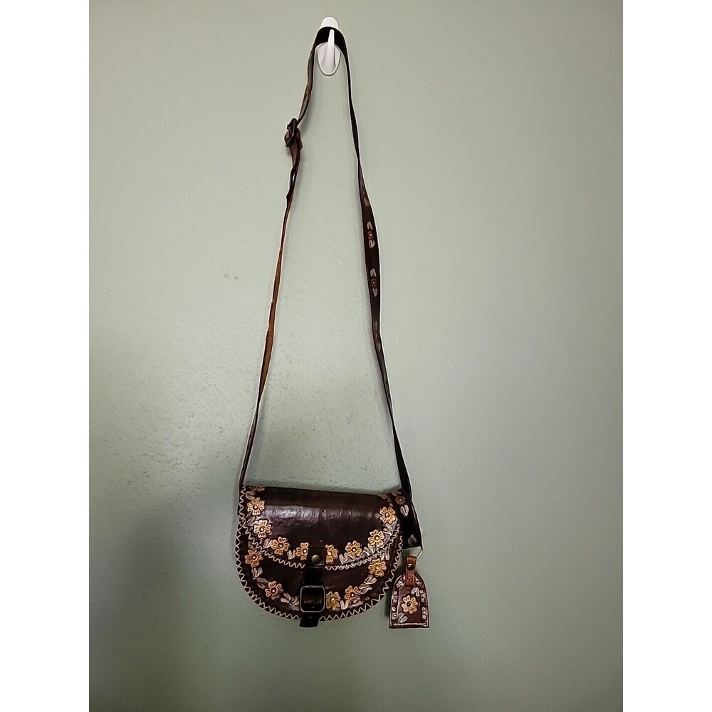 Leather Shoulder Bag Hand Tooled Flowers Raw Leather  Purse Crossbody W/Keychain